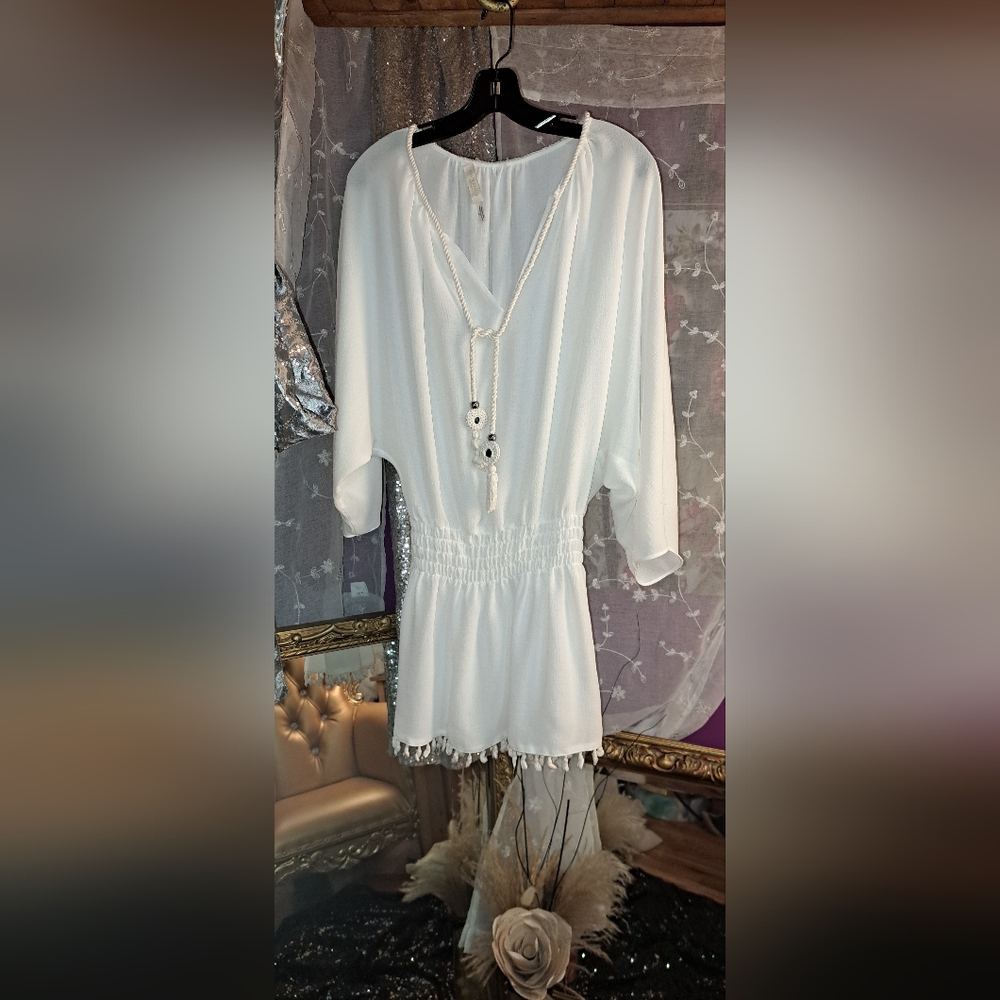Ramy Brook White Semi Sheer Long Sleeve Dress with Mirrored Tie. Small Petite